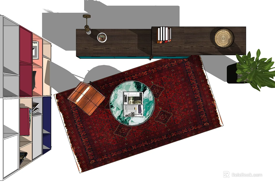 Modern Dark Wood TV Stand In Living Room With Red Rug Potted Plant And Books 3d model 