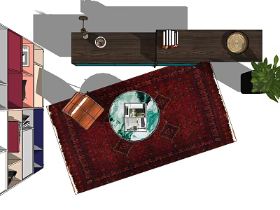 Modern Dark Wood TV Stand In Living Room With Red Rug Potted Plant And Books 3d model
