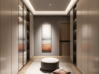 Modern Walk in Closet Design With Wardrobes Ottoman And Art Decor 3d model
