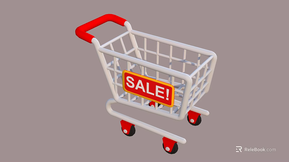 White Shopping Cart With Red Handle And Wheels Featuring Sale Sign For Daily Life Items 3d model 