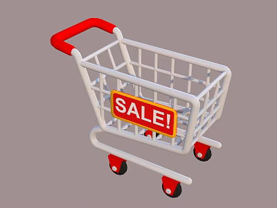 White Shopping Cart With Red Handle And Wheels Featuring Sale Sign For Daily Life Items 3d model