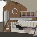 Wooden House Shaped Bunk Bed With Round Window Upholstered Lower Bed Slide And Stairs For Kids Room