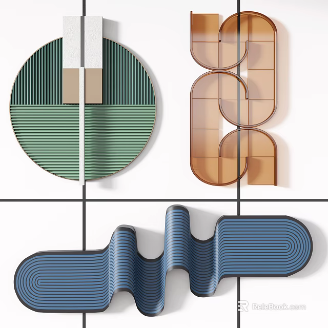 Modern Wall Decor With Circular Green Striped And Transparent Brown Curved Geometric Blue Wavy Designs 3d model 