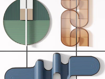 Modern Wall Decor With Circular Green Striped And Transparent Brown Curved Geometric Blue Wavy Designs 3d model