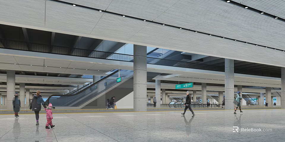 Modern Station Interior Space With Open Ceiling Design Green Direction Signs Concrete Columns And Pedestrians 3d model 