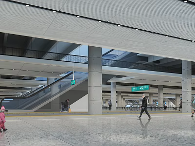 Modern Station Interior Space With Open Ceiling Design Green Direction Signs Concrete Columns And Pedestrians 3d model