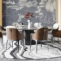 Chinese Style Modern Restaurant Interior With Round Dining Table Beige Chairs Chandelier Landscape Painting Wall