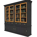 Dark Wooden Bookcase With Glass Doors And Storage Cabinets Filled With Books