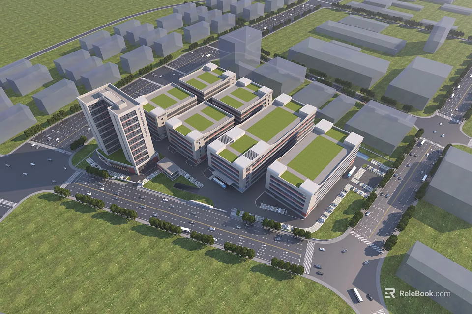 Modern Industrial Factory Building Complex With Green Roofs And Surrounding Roads 3d model 