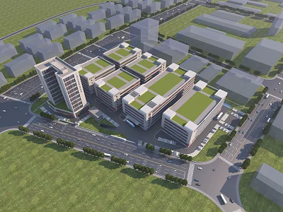 Modern Industrial Factory Building Complex With Green Roofs And Surrounding Roads 3d model