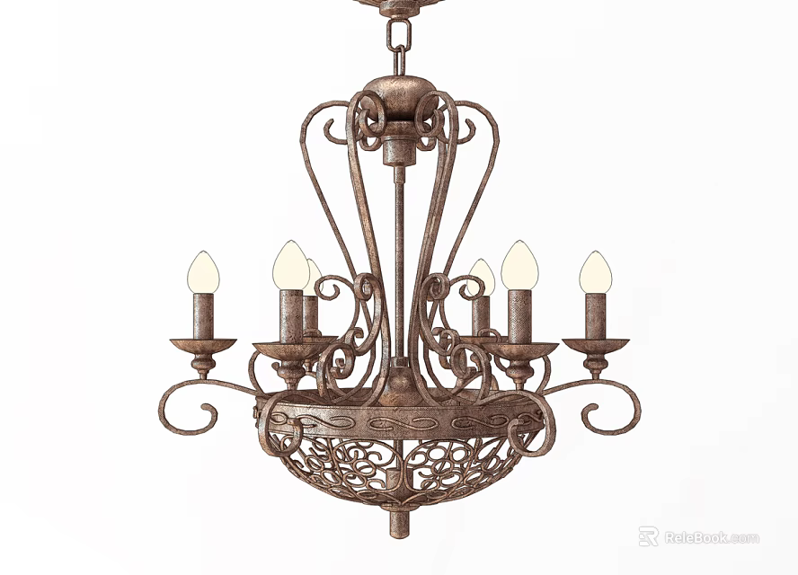 Vintage Metal Chandelier With Candle Shaped Bulbs And Intricate Scrollwork Design 3d model 