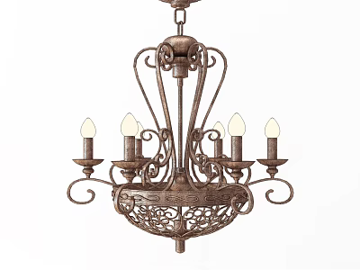 Vintage Metal Chandelier With Candle Shaped Bulbs And Intricate Scrollwork Design 3d model