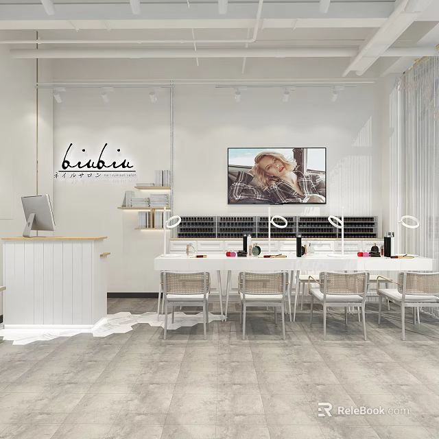 Biibii Store Modern Interior With White Counter Black Shelves Display Screen Tables And Chairs 3d model 