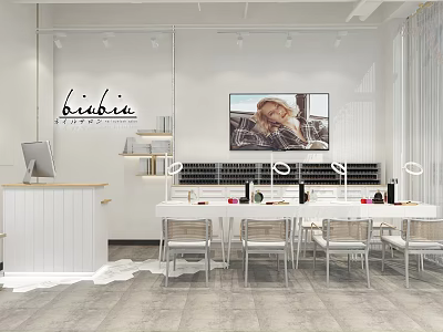 Biibii Store Modern Interior With White Counter Black Shelves Display Screen Tables And Chairs 3d model