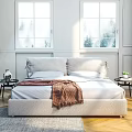 White Upholstered Double Bed with Red Blanket Nightstand Plant and Window in Cozy Bedroom