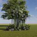 Scenic Outdoor Photo Spot With Green Pillar Structure Purple White Flowers Green Plants And Trees