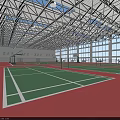 Indoor Basketball Gym Featuring Green Court Surface Red Flooring Metal Roof Structure And Large Windows