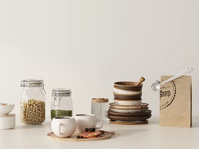 Stylish Functional Kitchen Utensils With Glass Jars Stacked Wooden Bowls Ceramic Cups Plates And Wooden Spoon 3d model