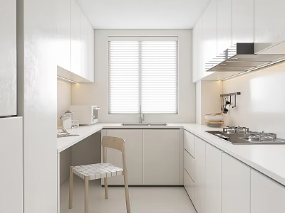 Modern White Kitchen Interior Design With Cabinets Window Blinds Stove And Chair 3d model