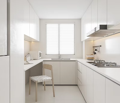 Modern White Kitchen Interior Design With Cabinets Window Blinds Stove And Chair 3d model