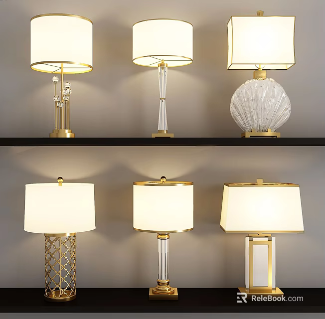 Modern Table Lamps With Gold Bases White Shades And Crystal Designs 3d model 