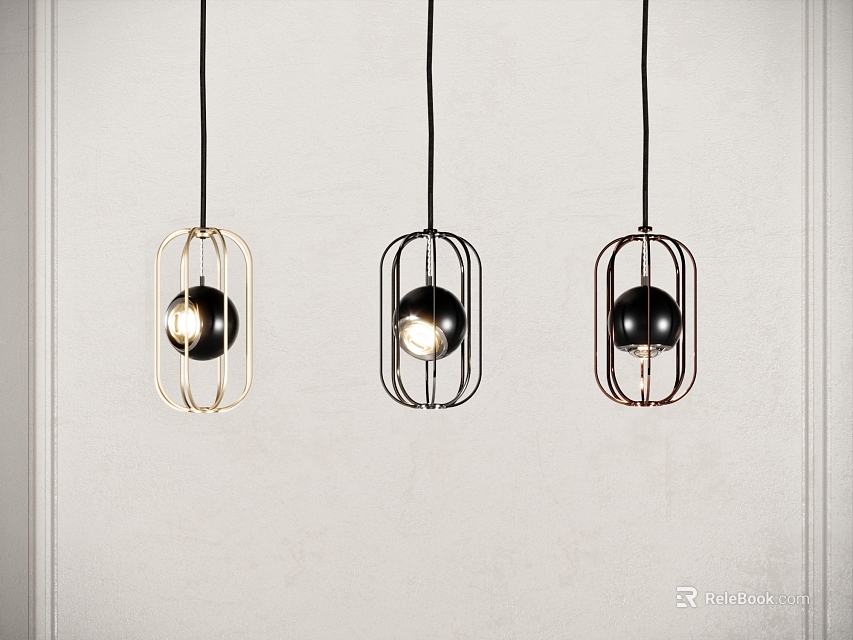 Stylish Metal Cage Design Pendant Lights With Black Gold Frames And Globe Bulbs For Home 3d model 