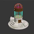 Bird in Rustic Brown Metal Birdcage on White Pedestal with Steps and Panel