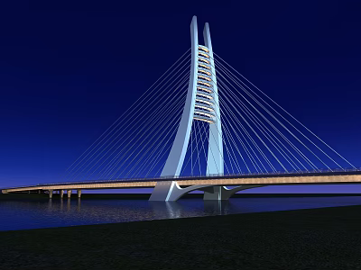 Modern Cable Stayed Bridge Illuminated At Night Over Calm Water Surface 3d model