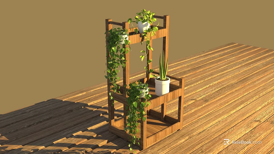 Hanging Vines And Potted Plants On Wooden Multi Layer Plant Stand Over Wooden Floor 3d model 