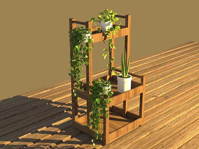 Hanging Vines And Potted Plants On Wooden Multi Layer Plant Stand Over Wooden Floor 3d model