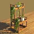 Hanging Vines And Potted Plants On Wooden Multi Layer Plant Stand Over Wooden Floor