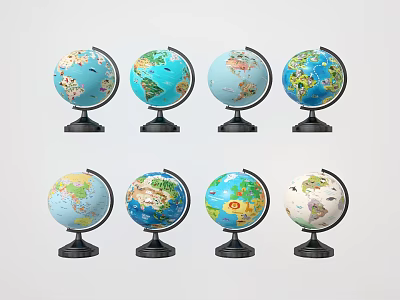Colorful Decorative Globe Ornament Set With Detailed Maps And Black Bases For Home Decor 3d model