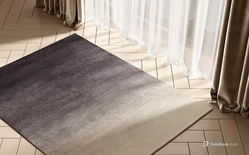 Square Rug With Gradient Color On Light Geometric Tile Floor Near White Curtains 3d model 