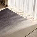 Square Rug With Gradient Color On Light Geometric Tile Floor Near White Curtains