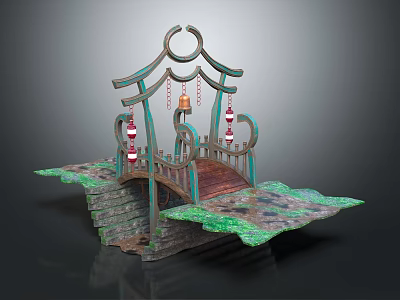 Traditional Bridge Structure With Curved Railing Red White Lanterns Stone Steps And Green Ground 3d model