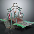 Traditional Bridge Structure With Curved Railing Red White Lanterns Stone Steps And Green Ground