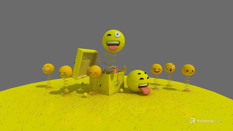 Vibrant Yellow Emoji Photo Spot With Various Expressions And Spring Box 3d model 