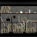 Rural Storage Room With Stone Walls Hay Bales Shelf Pots Bowls Hat And Farm Tools