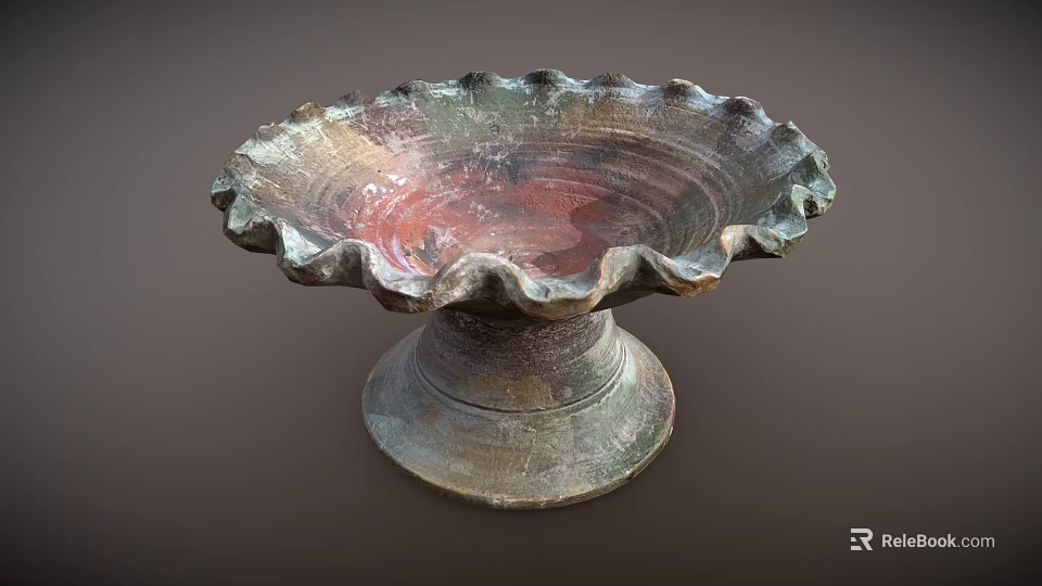 Colorful Ceramic Pedestal Bowl With Scalloped Edges And Vintage Texture For Home Decor 3d model 