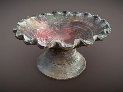 Colorful Ceramic Pedestal Bowl With Scalloped Edges And Vintage Texture For Home Decor 3d model