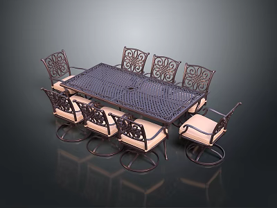 Outdoor Metal Dining Chairs With Carved Back Beige Cushion And Dining Table 3d model