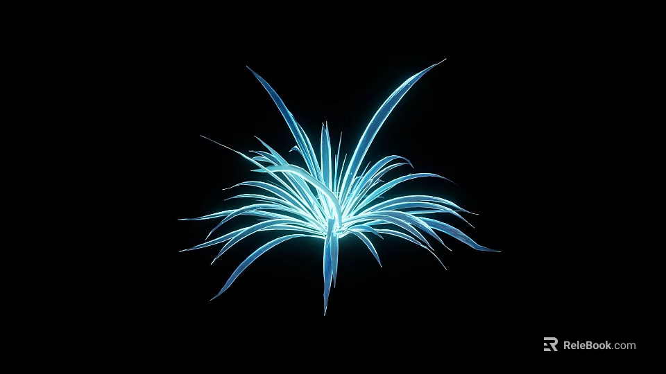 Blue Glowing Plant with Slender Leaves Spreading Outwards on Black Background 3d model 
