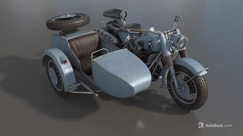 Vintage Motorcycle with Light Blue Sidecar Brown Seats and Spare Tire on Roof 3d model 