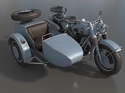 Vintage Motorcycle with Light Blue Sidecar Brown Seats and Spare Tire on Roof 3d model