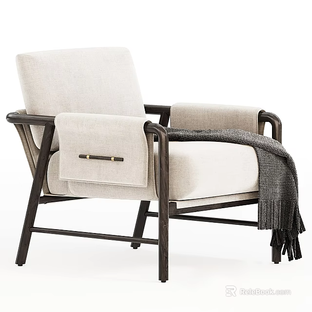Beige Fabric Accent Chair With Dark Wooden Armrests And Gray Throw Blanket 3d model 