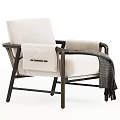 Beige Fabric Accent Chair With Dark Wooden Armrests And Gray Throw Blanket