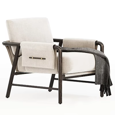 Beige Fabric Accent Chair With Dark Wooden Armrests And Gray Throw Blanket 3d model
