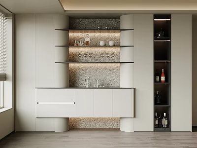 Modern White Sideboard With Glass Shelves And Wine Bottles In Textured Backdrop 3d model