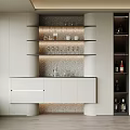 Modern White Sideboard With Glass Shelves And Wine Bottles In Textured Backdrop