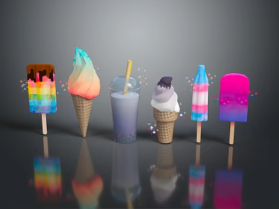 Assorted Colorful Ice Cream Popsicles Waffle Cones And Milkshake Sweet Treats 3d model